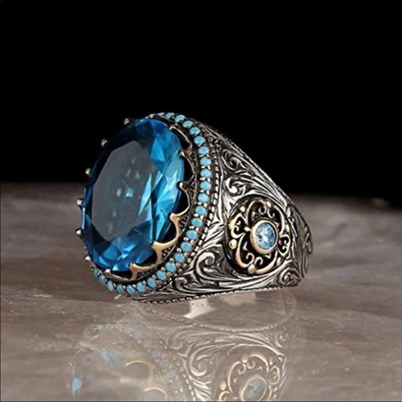 New 925 Silver Ethnic Blue Sky Blue Sapphire Ring - Picture 2 of 2